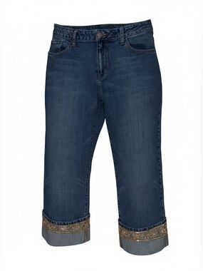 APT 9 Denim Embellished Sequins Osaka Capris Rolled Cuff Distressed Blue Size 14